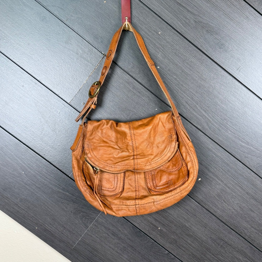 Lucky Brand Italian Leather Brown Cognac Hobo Shoulder Bag Boho Y2K Purse